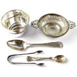 A group of hallmarked silver items to include a small pierced bowl/bonbon dish with Gaelic pattern