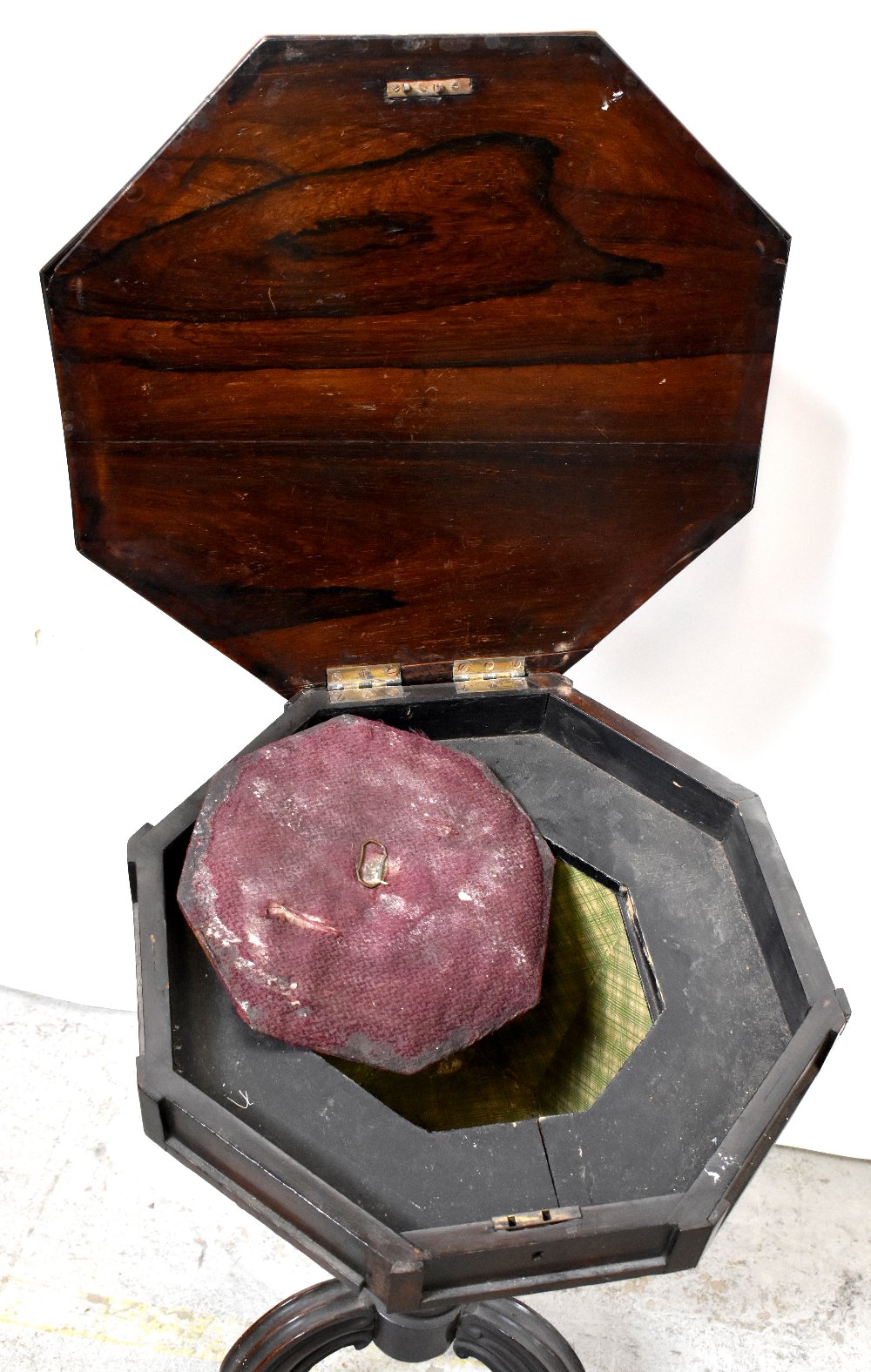 A 19th century mahogany octagonal sewing box with lift-out tray and interior check lining, - Image 2 of 4