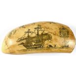 A whale's tooth with scrimshaw work of 16th century sailing vessels, diving whales,