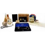 Various collectables to include a 19th century half doll crumb brush, an onyx desk tidy,