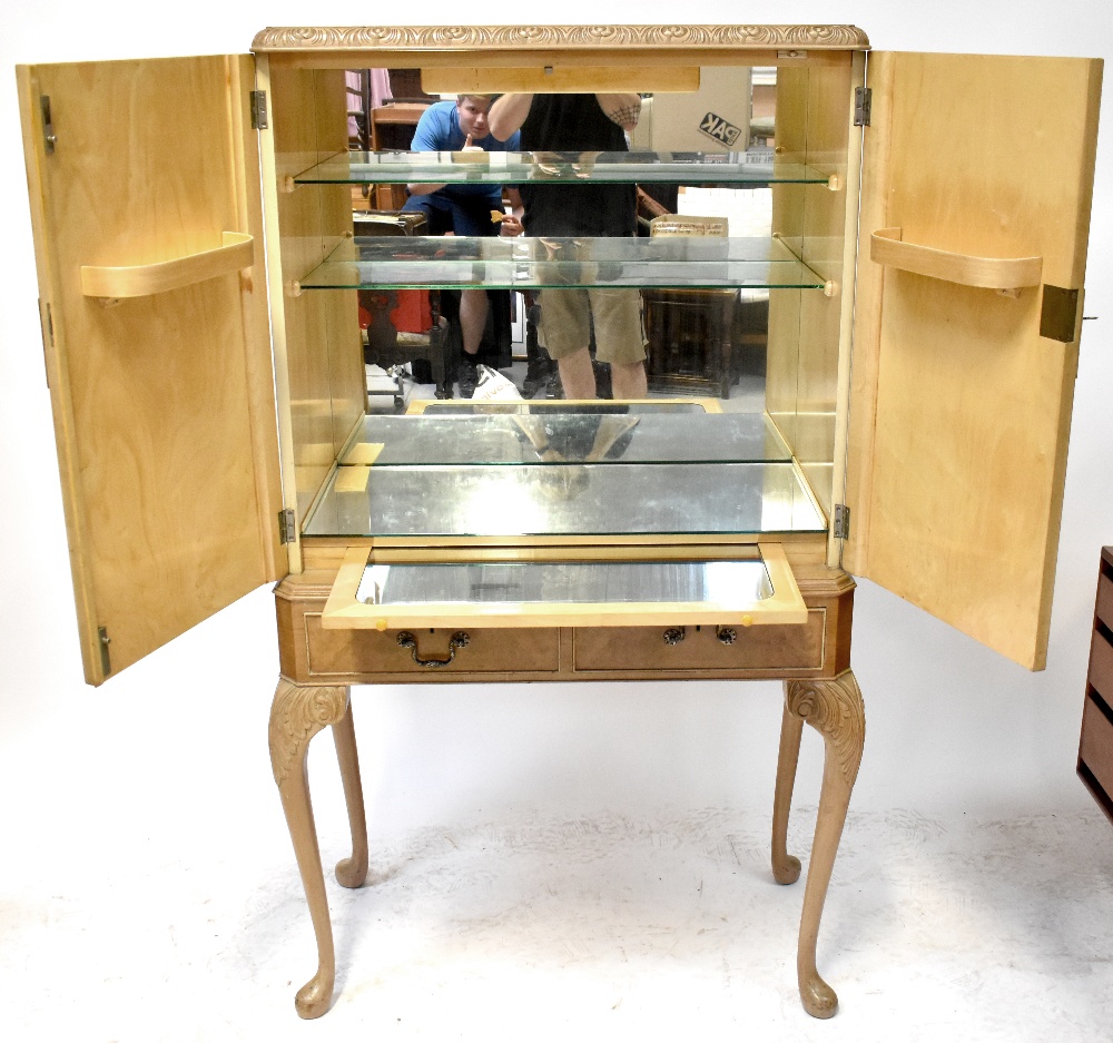 A modern Chinese-style walnut effect cocktail cabinet, with glass shelves, mirrored back and base, - Image 2 of 2