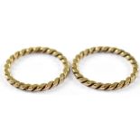 Two hallmarked 9ct gold rope twist band rings with flattened sides, both size L, approx. 3g (2).