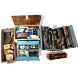 Two WWII ammunition boxes containing a large collection of vintage tools to include bit and brace,