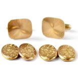 Two pairs of gentlemen's 9ct gold cufflinks comprising a pair of square cufflinks with engine