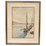 FRANK THIRKETTLE (1849-1916): watercolour, figures within moored fishing boats, signed lower left,