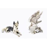 SATURNO; an Italian 800 grade silver and enamelled model German shepherd, length 4.3cm, and an eagle