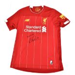 JORDAN HENDERSON; a New Balance Liverpool 2019-20 season child’s home shirt signed to front with