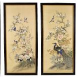 A pair of Chinese watercolours on silk, the first depicting a peacock and the second cranes and