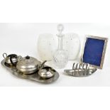 An Ashberry pewter three piece tea set, together with an Ashberry pewter shaped oval tray,