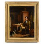 ENGLISH SCHOOL; oil on canvas, Rabbie Burns seated, holding a quill, with his dog at his feet,