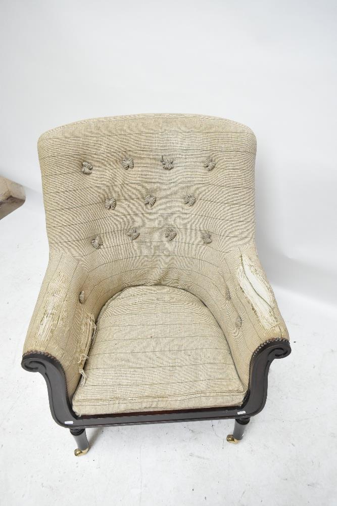 A Georgian style mahogany framed armchair upholstered in a striped button back material raised on - Image 2 of 5
