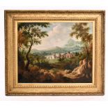 19TH CENTURY CONTINENTAL SCHOOL; oil on relined canvas, mountainous landscape with settlement in mid