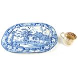 DAVENPORT; a 19th century blue and white transfer printed meat plate, decorated with a country scene