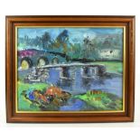 JAMES LAWRENCE ISHERWOOD (1917-1989); oil on board, landscape with bridge over river, signed and