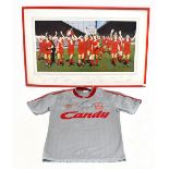 SIR KENNY DALGLISH; a signed replica football shirt, inscribed 'Good Luck', size S, and a signed