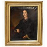 19TH CENTURY BRITISH SCHOOL; oil on canvas, portrait of a Victorian lady wearing a ruby coloured