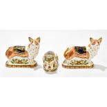ROYAL CROWN DERBY; three animal form paperweights comprising two 'The Royal Windsor Corgi',