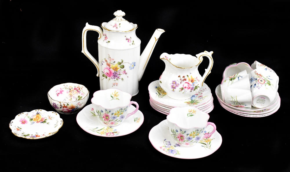 SHELLEY; an eighteen-piece 'Wild Flowers' pattern part tea service, with a Royal Crown Derby