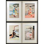 AFTER HASEGAWA; four Japanese ukiyo-e style woodblock prints depicting geisha, two with Uchida Art