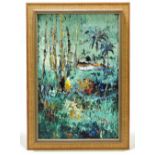 UNATTRIBUTED; oil on board, two figures in jungle with dwelling to background, possibly South-East