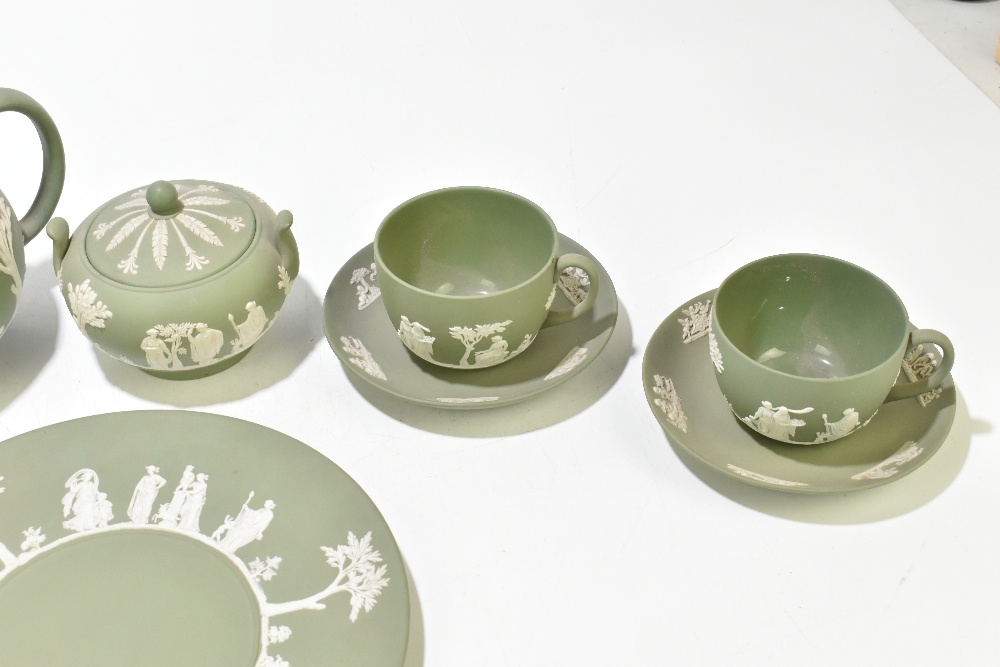 WEDGWOOD; a green jasperware three-piece tea set, together with a pair of tea cups and saucers, a - Image 3 of 5