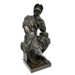AFTER MICHELANGELO; a 19th century bronze figure of 'The Thinker (Lorenzo de Medici)’ on rectangular
