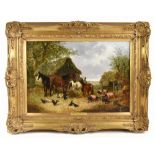 JOHN FREDERICK HERRING JNR (1815-1907); oil on canvas, farmyard scene depicting horses, pigs and