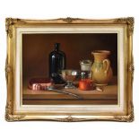 ANDRAS GOMBAR (Hungarian, born 1946); oil on panel, still life of a copper pan, glass bottle, jug