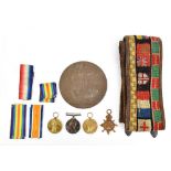 A WWI medal trio awarded to 11820 Gnr. W.A. Bell. R.A, also the Victory Medal and Memorial Plaque of