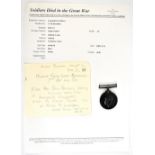 A WWI War Medal awarded to 111374 Pte. J. W. Taylor Liverpool Regiment accompanied by a note