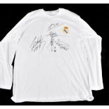 REAL MADRID LEGENDS; a retro-style cotton home shirt signed by Figo, Zidane, R. Carlos, Ronaldo and