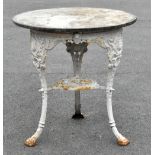 A late Victorian cast iron Britannia pub table, with circular marble top above an undertier cast