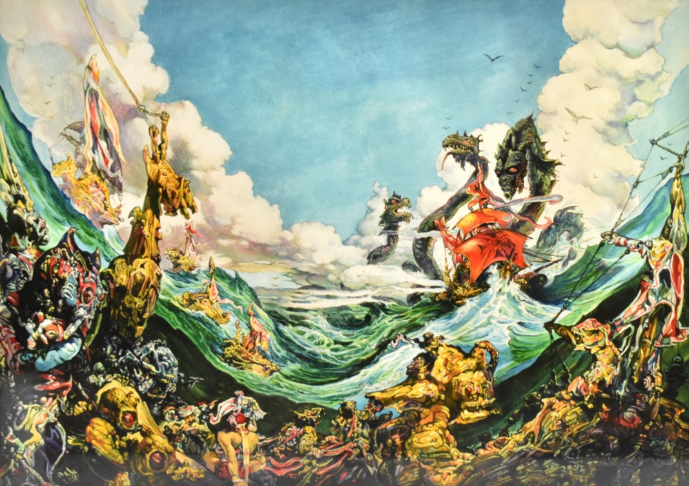 AFTER JOSH KIRBY; pair of colour prints, fantasy scenes, 38.5 x 56cm, both framed and glazed (2). - Image 5 of 7