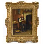 19TH CENTURY BRITISH SCHOOL; oil on panel, 'Preparing Dinner', elderly gentleman in rustic