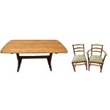 ERCOL; a 1950s light elm refectory table, length 151cm, width 76cm, height 71cm, and five bar back