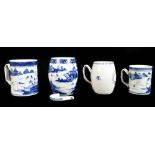 Four 18th century Chinese porcelain blue and white mugs including two of barrel form, one