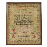 A late George III needlework sampler, completed by Susan Alliston and dated 1814 in later frame,