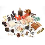 A collection of doll's house furniture and furnishings including curtains, an ebonised rocking chair