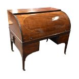 A George III mahogany and satinwood inlaid cylinder bureau, the interior with four short drawers and