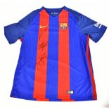 FC BARCELONA; a Nike 2016 home shirt signed by Lionel Messi, Luis Suarez and Neymar Jr., size XL.