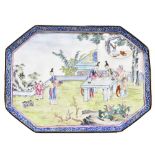 A Chinese enamel dressing table tray of shaped rectangular form, decorated with a scene of figures