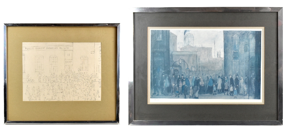 AFTER LAURENCE STEPHEN LOWRY; a limited edition print, figures queuing along a street, with A within