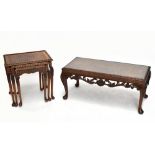 A 1950s burr walnut veneered rectangular coffee table raised on carved cabriole supports, width