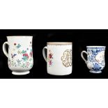 Three 18th century Chinese Famille Rose porcelain mugs including a cylindrical example with ruyi-