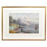 LATE 19TH CENTURY IRISH SCHOOL; watercolour, mountainous lake landscape with figure in foreground,