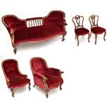 A Victorian five piece walnut framed parlour suite, comprising double chair back sofa, length 166cm,