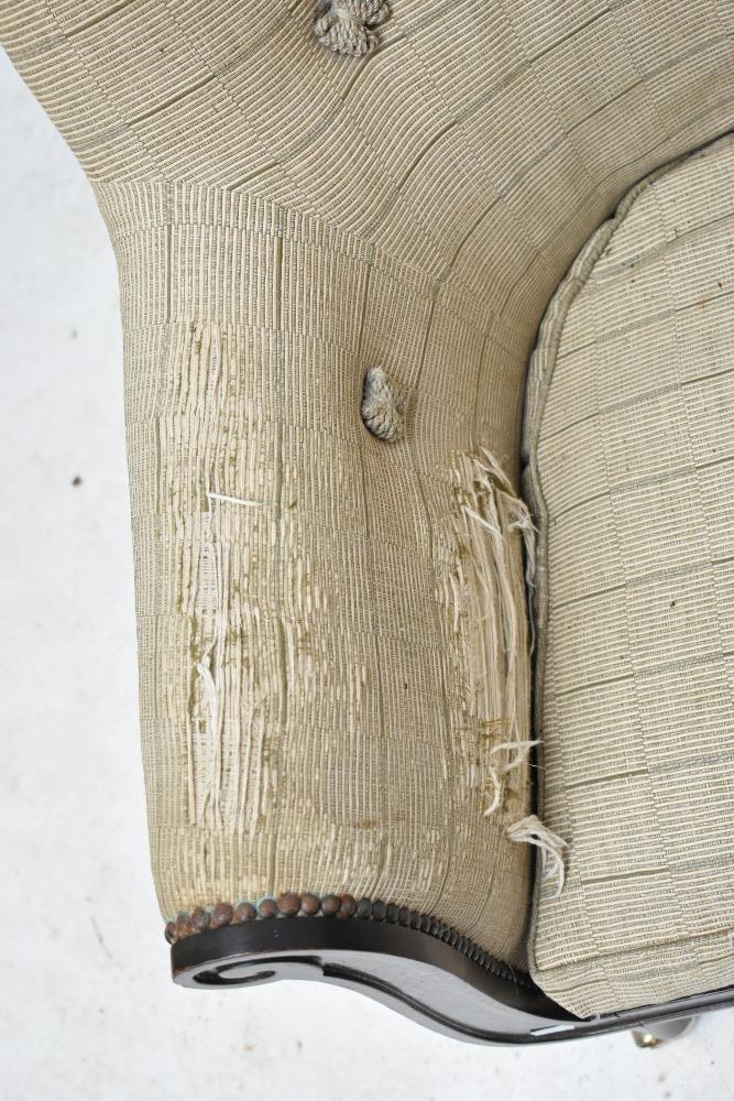 A Georgian style mahogany framed armchair upholstered in a striped button back material raised on - Image 3 of 5
