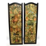 A Victorian ebonised single fold, two section canvas scrap screen, each panel decorated throughout