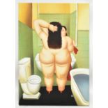 FOLLOWER OF BERYL COOK; oil on canvas, nude in a bathroom, 92.5 x 62.5cm, unframed.Additional