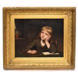 GEORGE FREDERICK COOK; a large oil on canvas, a pensive child doing homework, signed and dated 1883,